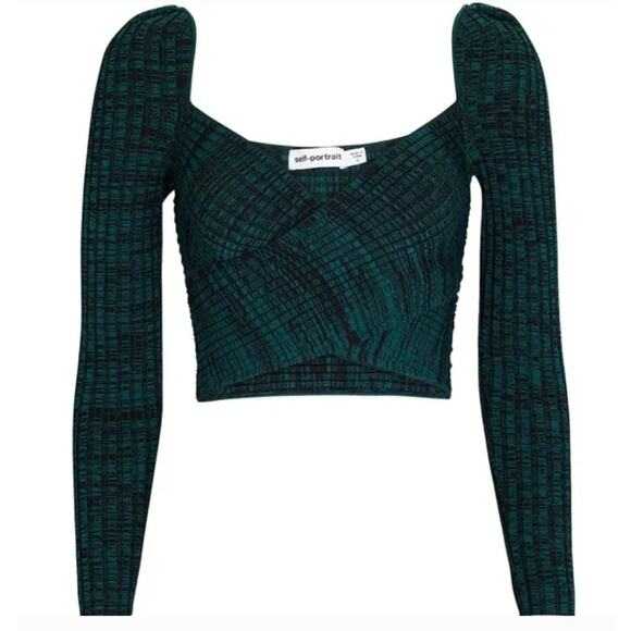 Self‎ Portrait Crossover Ribbed Knit Crop Top Long Sleeve Green Black Size Small - Picture 2 of 12